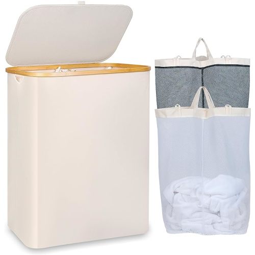 150L Laundry Basket with Lid, Large Laundry Hamper with Bamboo Handle, Collapsible Dirty Clothes Hamper Organizer with Removable Inner Bag for Clothes Toys Towels - Beige