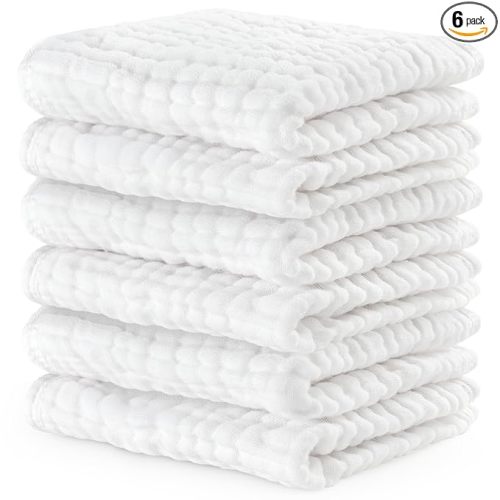 Comfy Cubs Muslin Baby Washcloths 6 Pack - Soft 6-Layer Cotton Wash Cloths for Sensitive Skin - 10"x10" Large, Gentle, Absorbent Infant Essentials for Newborn and Toddlers - White