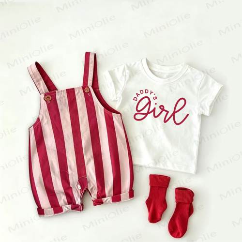 DADDY'S GIRL Baby Girls Slogan Red Stripe Overalls and White Tee 2-piece Set