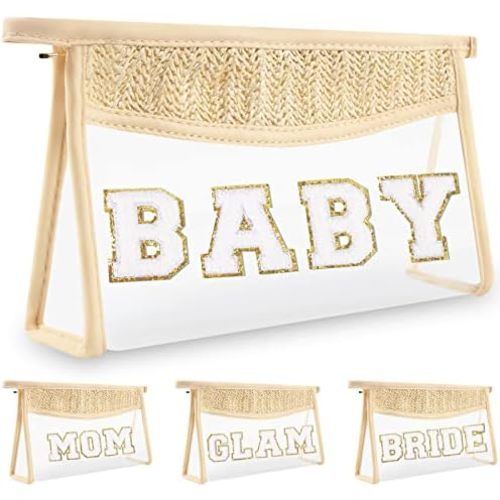 Boho Clear Makeup Letter Patch Makeup Bag BABY Pouch, Clear Toiletry Bag Travel Small Cute Preppy Chenille Letter Cosmetic Zipper Purse, Waterproof Diaper Bag Organizing Pouches for Women Girls(BABY)
