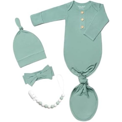 Newborn Baby Knotted Gown, Super Soft Silky Infant Sleeper, Baby Girl Sleep Gown with Mittens, Bow, Clip and Hat Set
