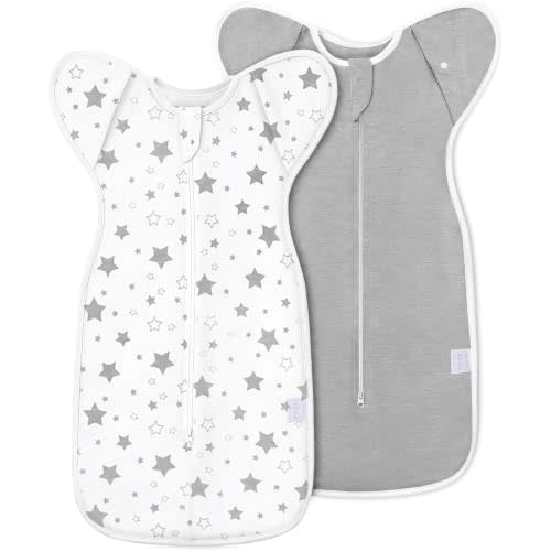 ANYEDDE 2-Pack Baby Swaddle 3-6 Months, Arms Up Swaddle for Newborn, Infant | Removable Cuffs & 2-Way Zipper, Gray Stars Design, Breathable Cotton Newborn Swaddle Sleep Sack, Nursery Swaddling Blankets