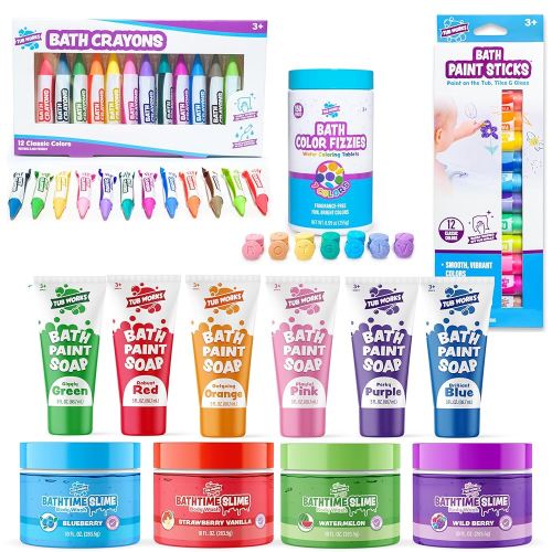 Tub Works® Kids Bath Toy Set | Nontoxic | Fizzy Bath Color Tablets (150 Count), Smooth™ Bath Crayons (12 Pack), Bath Paint Soap (6 Pack), Bath Paint Sticks™ (12 Pack) & Bath Slime Body Wash (4 Pack)
