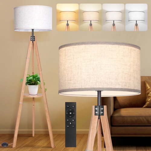 OUTON 59" Wood Tripod Floor Lamp for Living Room, Modern Standing Lamps with Remote Control, 4 Color Temperature Dimmable Pole Light with Linen Shade for Bedroom, Office