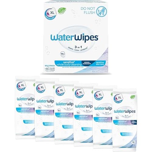 WaterWipes Sensitive Whole Body Cleansing Wipes, 99.9% Purified Water, XL Textured Wipes, Incontinence Care, Fragrance Free, 180 Count