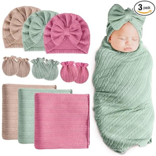 BQUBO Newborn Receiving Blanket Hat Mittens Set for Baby, Unisex Baby Boys Girls Essentials, Newborn Registry Must Haves, Stroller Crib Shower Gifts