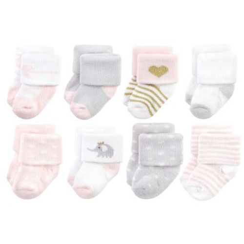 Hudson Baby Infant Girl Cotton Rich Newborn and Terry Socks, Pink Gray Elephant, 6-12 Months
