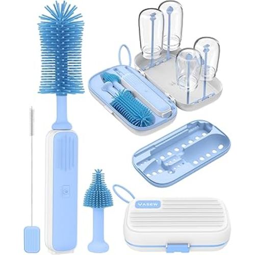 Electric Baby Bottle Brush Cleaner, Baby Travel Bottle Cleaner Kit- 2000mAh Rechargeable Silicone Brush, Drying Rack, Compact Storage Box, 360° Efficient Cleaning Bottle Brush for Home & On-The-Go