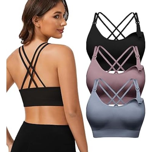 Angelhood Nursing Bras for Breastfeeding, Criss-Cross Back Nursing Sports Bra Support Yoga Maternity Bras Pack of 3, 1