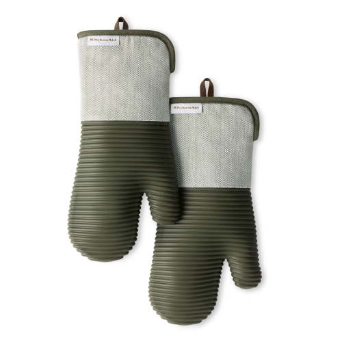 KITCHENAID® Evergreen Design Series Herringbone Ribbed Soft Silicone Oven Mitts 2-Pack Set, Heat Resistant up to 500°F, Flexible & Waterproof, Deep Forest Green, 7"x14"