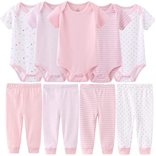 MAMIMAKA Newborn Baby Clothes Set - Short Sleeve Baby Boy Pants & Girl Bodysuits - Layette Sets