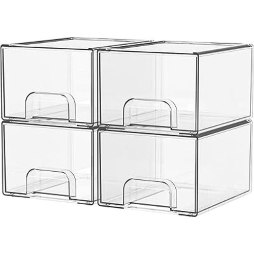 4 Pack Clear Stackable Storage Drawers, 4.4" H PET Pull-Out Makeup Organizer, Plastic Dustproof Drawer Organizer for Skincare, Medicine, Vanity,Baby Items｜bathroom,Kitchen Cabinets, Pantry