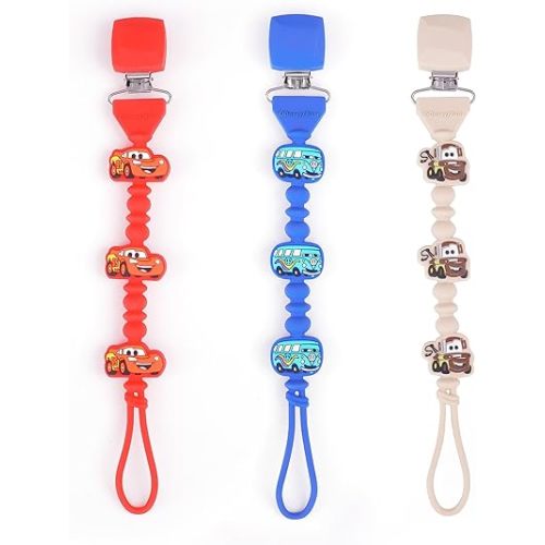 Disney Cars Silicone Pacifier Clips 3-Pack BPA-Free Baby Binky Holder Strap Teether Holder for Newborn Infants