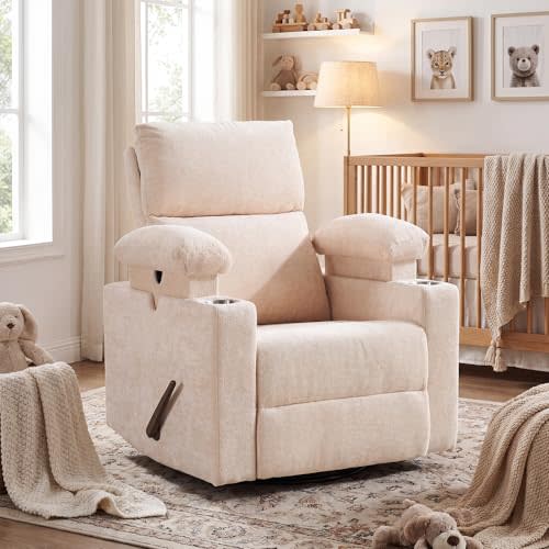 Swivel Rocker Recliner Chair with Adjustable Armrests and Headrest, Nursery Rocking Chair for Breastfeeding, Manual Glider Recliner, Chenille Beige