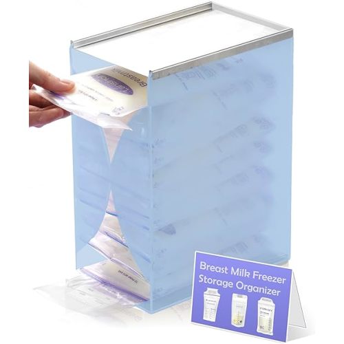 Freezer Organizer for Breast Milk Storage Bags, Frist-in First-Out Freeze Flat Breastmilk Storage Container for Fridge, Baby Food Containers for Pump Breastmilk, Breastfeeding Essentials - Blue