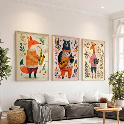 Musical Animal Nursery Art Set of 3, Whimsical Woodland Decor, Kids Room Decor, New Baby Gift 8