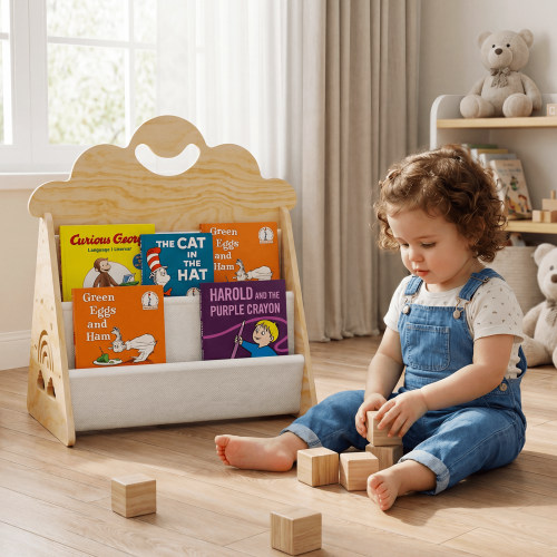 HAIDAIYA Kids Bookshelf, Montessori Organizer, Solid Wood, Nursery, Classroom, Toddler Book Rack