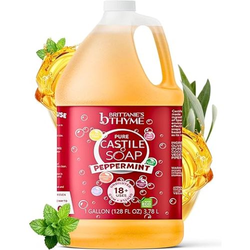 Brittanie's Pure Organic Castile Soap Refill, 1 Gallon Peppermint | Liquid Soap for Face, Body, Hands, Dishes, Pets, Laundry | Vegan, Non-GMO, Gluten-Free, Biodegradable | Made in USA