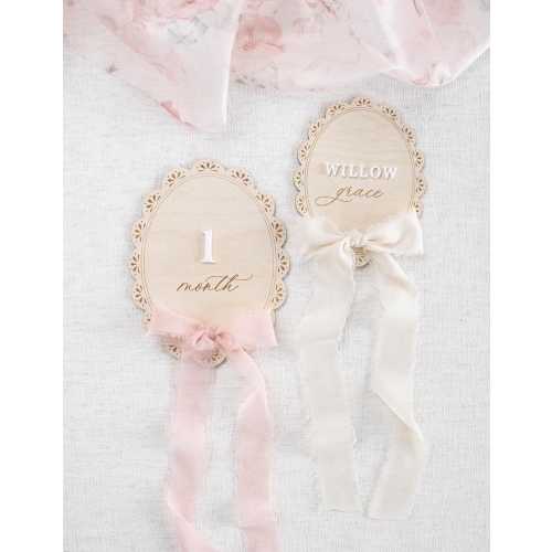 Baby Girl Monthly Milestone Marker Cards: Scalloped Name Announcement Plaque with Ribbon Bow