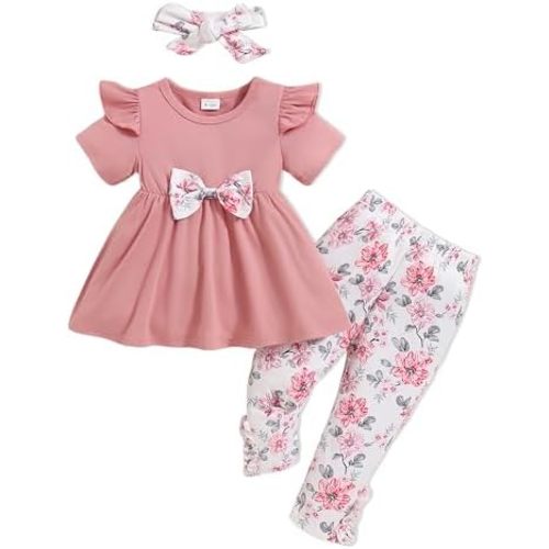 Toddler Baby Girl Clothes Infant Girl Outfits Summer Ruffle Floral T-Shirt Top Pants Set Spring Clothes