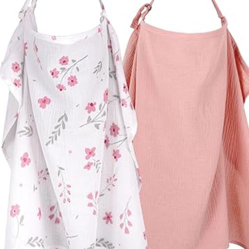 2 Pack Nursing Covers for Breastfeeding Moms, Muslin Nursing Cover with Arch Neckline, Privacy Breastfeeding Cover with Adjustable Straps Soft Cotton Breathable
