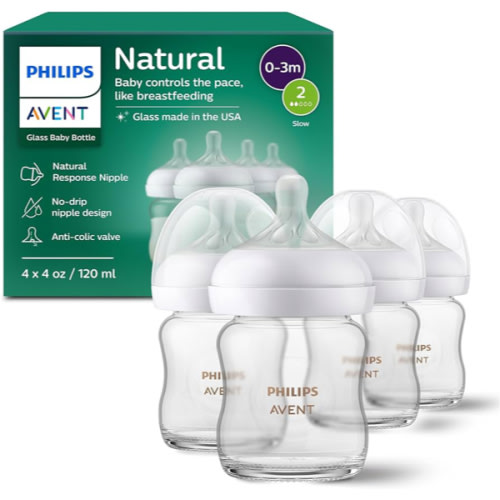 Philips Avent Natural Glass Baby Bottles with Natural Response Nipples (Slow Flow, Flow 2), 4oz, 4-Pack, SCY910/04