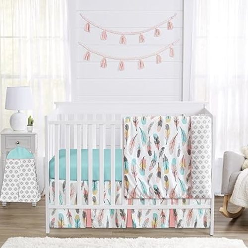 Sweet Jojo Designs 4-Piece Baby Crib Bedding Set (Woodland Bunny Floral) for Girls, Infants/Nursery incl. Blanket, Fitted Sheet, Skirt, Diaper Stacker (Shabby Chic, Boho, Flower, Bohemian, Grey Arrow)