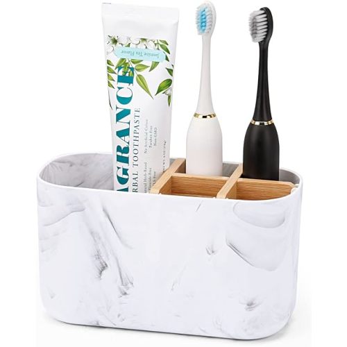 GFWARE Toothbrush Holders for Bathrooms, 5 Slots Bamboo Toothbrush Holder Kids Electric Toothbrush Holder and Toothpaste Holder for Bathroom Countertop Accessories Storage, Marble Toothbrush Organizer