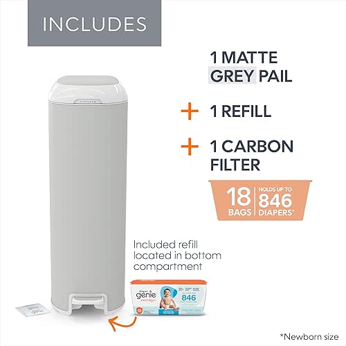 Diaper Genie Platinum Diaper Pail, Stone Grey - Made in Durable Stainless Steel and Includes 1 Easy Roll Refill with 18 Bags