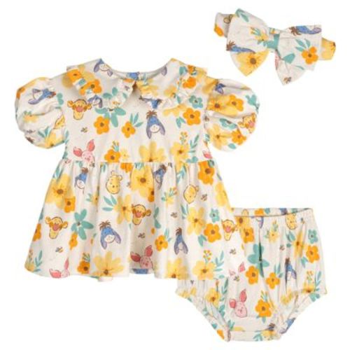 Disney Winnie the Pooh Baby Girls' Jersey Ruffle Allover Print Dress and Diaper Cover Outfit Ivory Pooh Tigger 24 Months