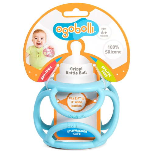 OgoBolli Grippi Baby Bottle Holder and Sensory Teether Toy for Babies - for 2.4"-3" Wide Bottles - Made from Safe, Stretchy Silicone, Non-Toxic, PVC, BPA and Phthalate Free - Ages 6+ Months - Blue
