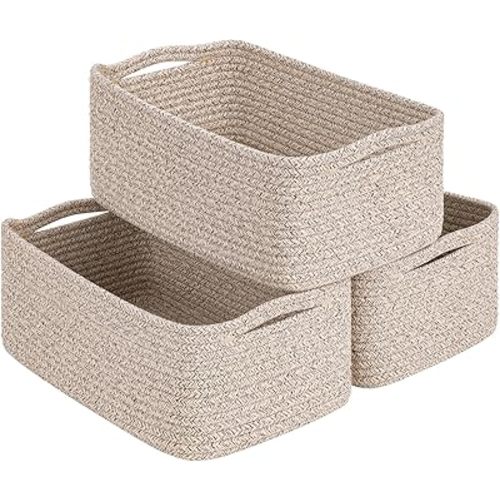 Goodpick Storage Baskets, 13 x 8 x 5 in, Closet Shelf Organizers for Gifts Empty Baskets for Shelves Dog Toy Basket Woven Baskets for Storage for Towels for Organizing 3 Pack, White & Brown