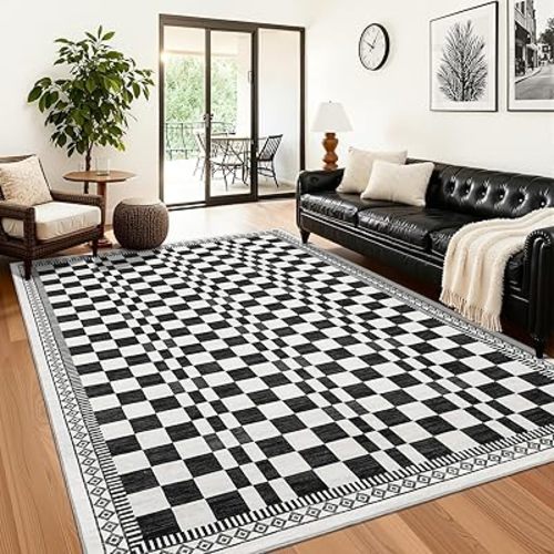 GarveeHome 5x7 Washable Rug for Bedroom Modern Abstract Checkered Carpets Non-Slip Low Pile Stain-Resistant Living Room Rugs Black and White Classic Area Rug for Dining Dorm Home Nursery Room