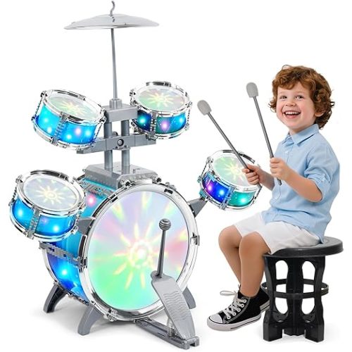 LeeQee Drum Set for Kids 1-3, Jazz Drumset for Toddler 3-5 Vibrant Aurora Light with 5 Pcs High Drums, Musical Instruments Toy for Age 5-7 Year Old Boys Girls