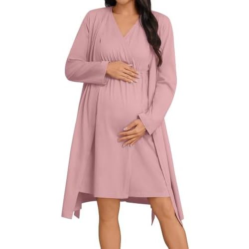 SWOMOG Women 100% Cotton Maternity Nursing Gown and Robe Set 3 in 1 Labor Postpartum Soft Nightgown for Breastfeeding