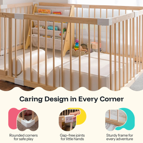 HARPPA Wooden Baby Gate Playpen | Non-Toxic Foldable DIY Adjustable Play Yard for Infants & Toddlers – Natural Finish Baby Fence for Small & Large Spaces