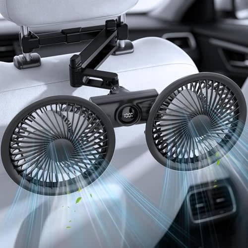 Pelidox Car Fan for Backseat - 3 Speeds 360° Rotation Dual Head USB Back Seat Cooling Fan Kids Baby Quiet Fan with LED Display for Almost Vehicle Jeep Van RV Truck