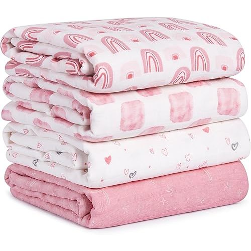 Muslin Swaddle Blankets for Newborn, 4 Pack Cotton Baby Blanket, Large 31.5 x 43.3 Breathable Soft Receiving Blankets Girl, Essentials Swaddle Wrap Burping Clothes, Pink Rainbow