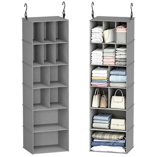 PLUMEBAY 2 Pack Hanging Closet Organizer with Dividers, 24 Compartment Closet Storage Shelves, Grey
