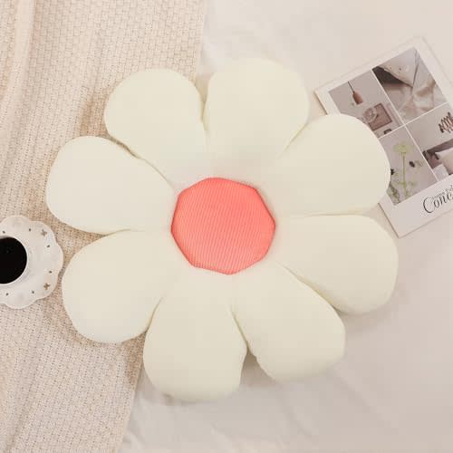 Menoeceus Flower Pillow, Daisy Pillow Flower Shaped Pillow Floor Pillow Flower Plush Pillow Cute Decorative Pillows Floor Cushions Flower Seat Cushion for Bedroom Sofa Chair (White, 21.6")