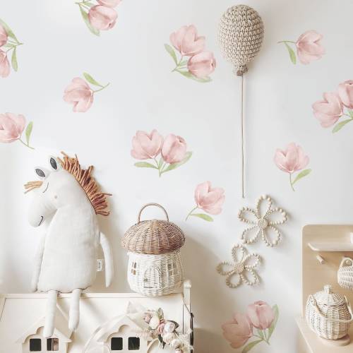 Pink Floral Wall Decal for Girls room, Preppy Pink and Blue Flowers, Nursery Decor