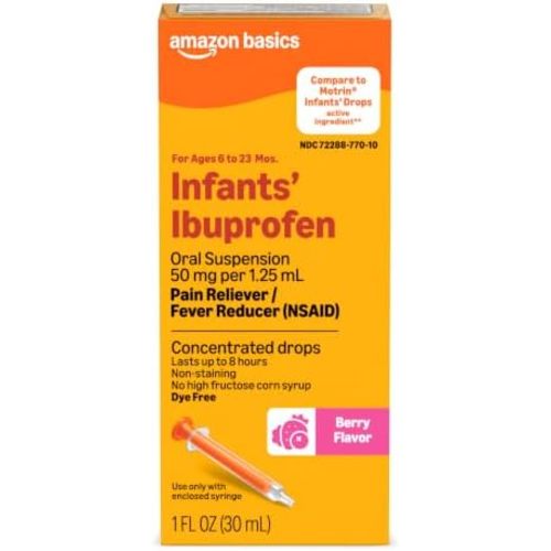 Amazon Basics Infants’ Ibuprofen Oral Suspension, 50 mg/1.25 mL, Berry Flavor Concentrated Drops, Dye-Free, 1 fl oz (Pack of 1) (Previously Amazon Basic Care)