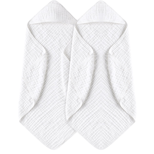 Yoofoss Hooded Baby Towels for Newborn 2 Pack 100% Muslin Organic Cotton Baby Bath Towel with Hood for Babies, Infant, Toddler and Kids, 32x32Inch, Soft and Absorbent Newborn Essential,White-2 Pack