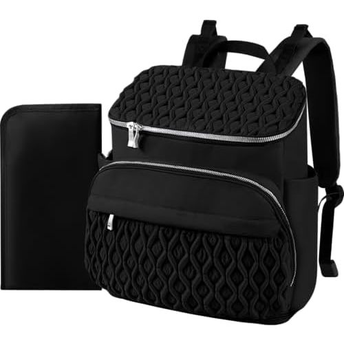 Baby Diaper Bag Backpack, Expandable Baby Bag for Girl Boy, Travel Diaper Backpack with Insulated Pocket, Changing Pad, Quilted Diaper Bag for Mom Dad, Newborn Baby Essentials Must Have Black