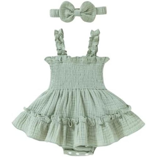 Happy Town Infant Baby Girl Clothes Toddler Summer Sleeveless Romper Dress with Headband Newborn Jumpsuit Outfits