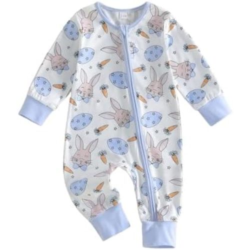 Karuedoo Newborn Infant Baby Boy Girl Easter Outfit Bunny Carrot Print Zipper Long Sleeve Romper Jumpsuit One-Piece Outfit