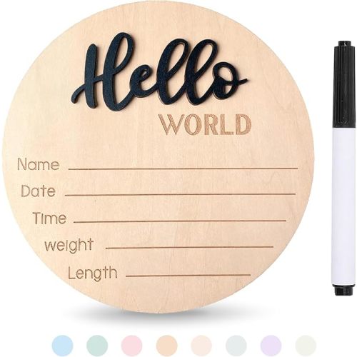 Baby Announcement Sign with Pen, 5.9 Inch Wooden Hello World Newborn Sign for Hospital, 3D Birth Announcement Board, Welcome Baby Name Signs for Nursery, Newborn Gift for Boy & Girl,Black