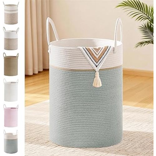 Tall Laundry Basket with Handles, 58L Portable Dirty Clothes Hamper, Boho Cotton Rope Storage Bin for Blankets Kids Toys Gifts, Decorative Organizer for Nursery Bedroom Bathroom, Sage Green