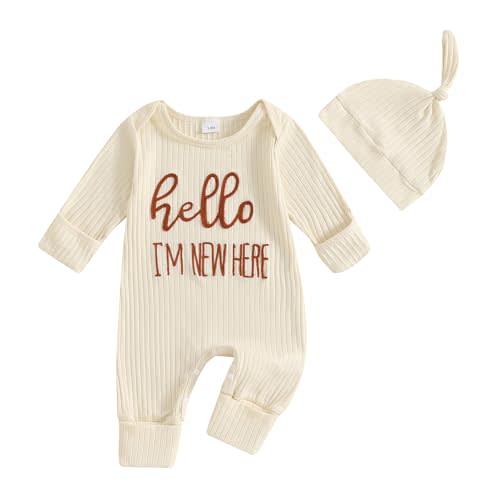 FIOMVA Im New Here Newborn Outfit Boy Long Sleeve Letter Romper Ribbed Knit Jumpsuit Baby Boy Preemie Coming Home Outfit