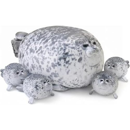 SQEQE Chubby Seal Pillow Plush with 4 Baby Seal Plushies in Her Tummy, Stuffed Cotton Plush Animal Toy Gift for Kids